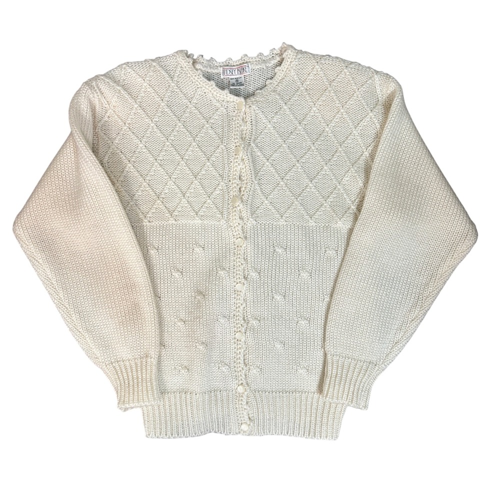 90s Coquette Knit Cardigan Sweater Lindsey Blake Women’s Sz-S Cream Cottage Boho